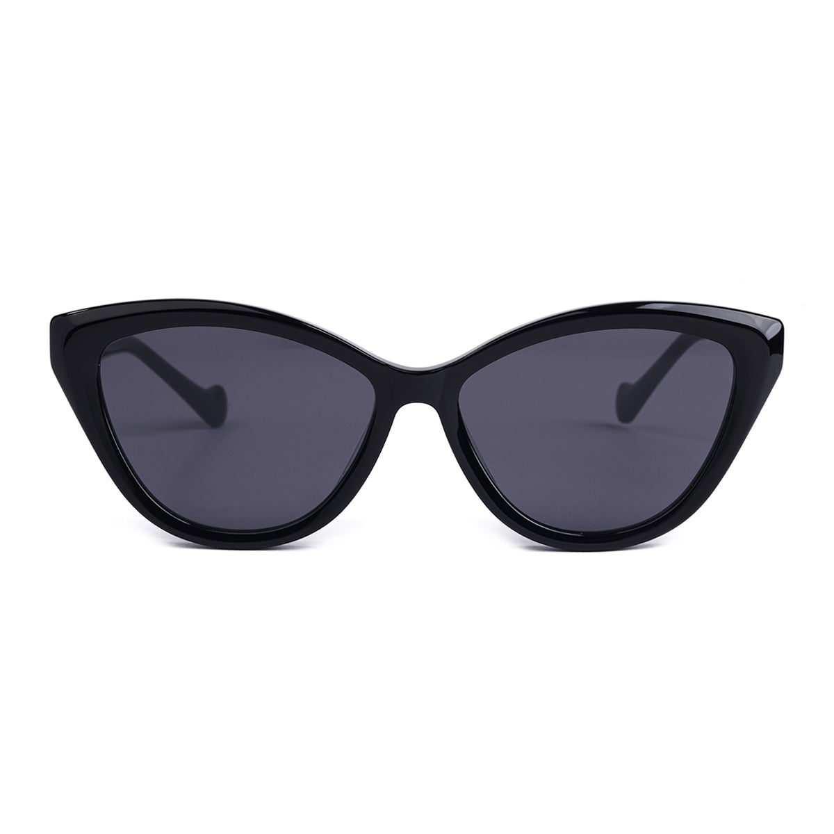Front view of Aarka Rosea black cat-eye sunglasses featuring dark polarized lenses.