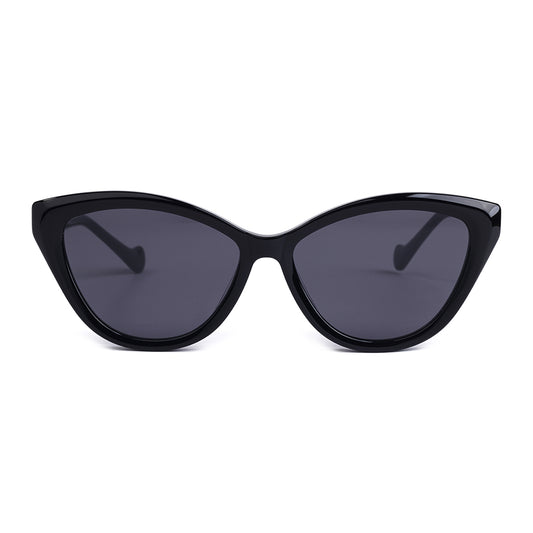 Front view of Aarka Rosea black cat-eye sunglasses featuring dark polarized lenses.