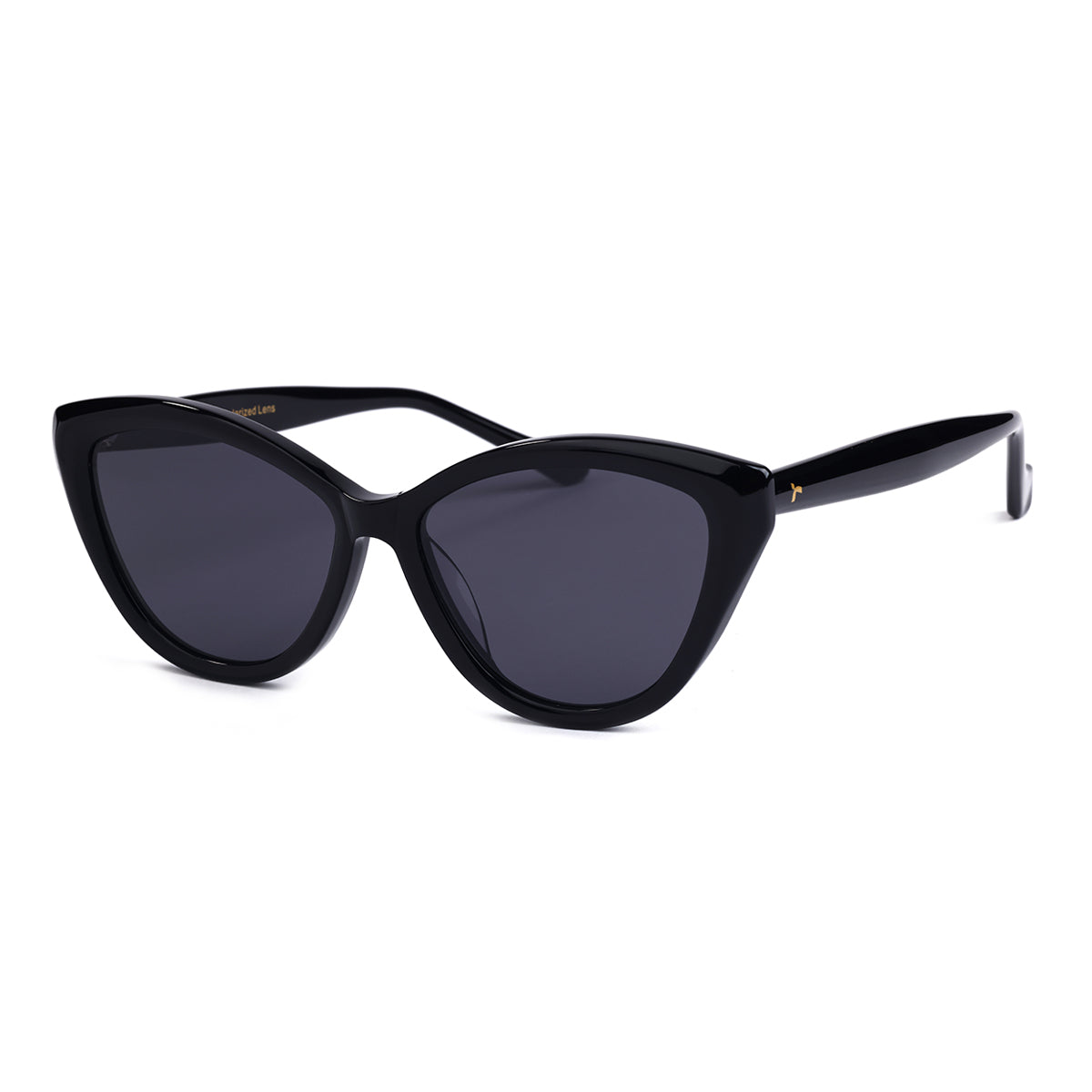 Aarka Rosea black cat-eye sunglasses with dark polarized lenses, angled front view.