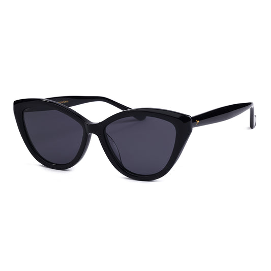 Aarka Rosea black cat-eye sunglasses with dark polarized lenses, angled front view.