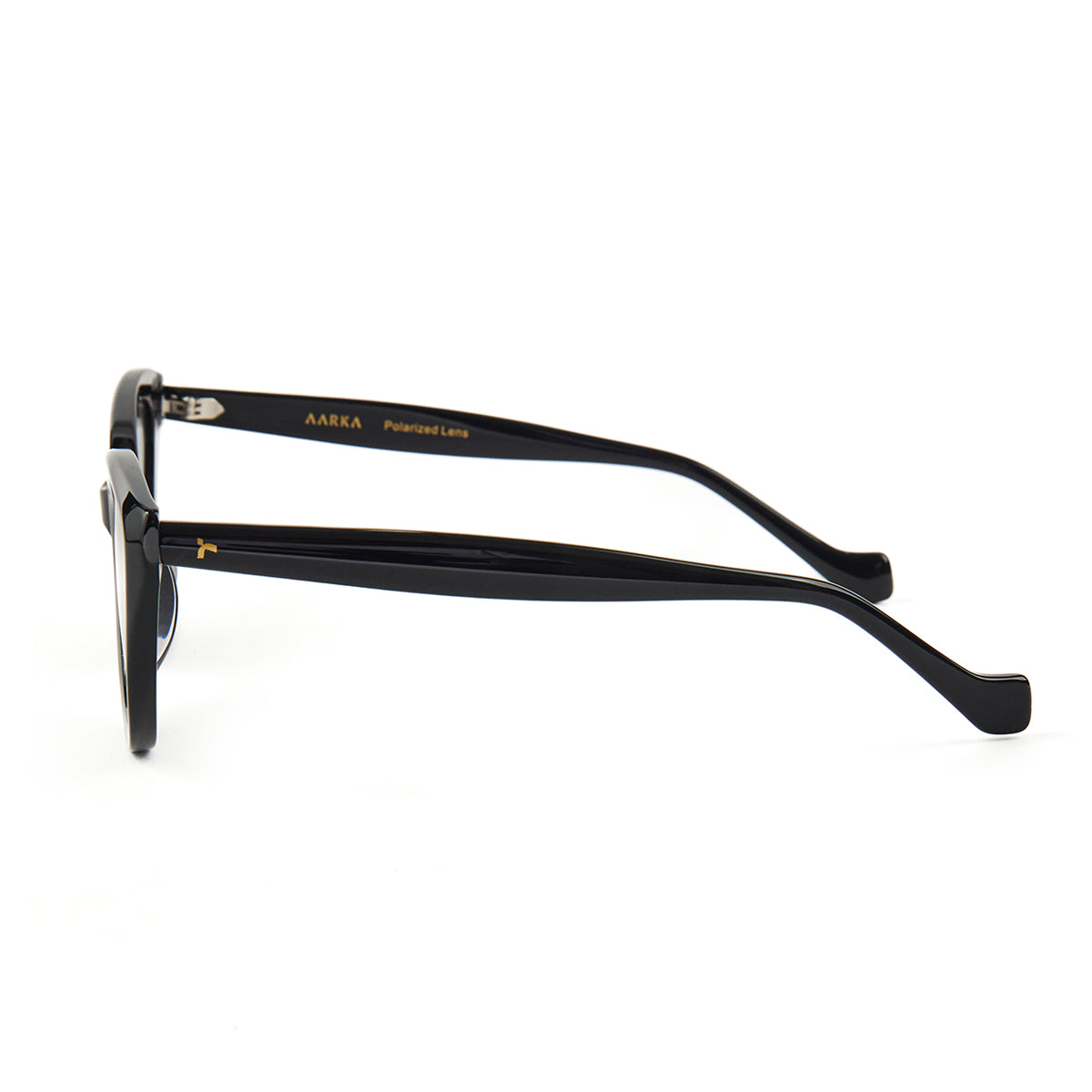 Side profile of Aarka Rosea black cat-eye sunglasses showcasing slim temples and polarized lenses.