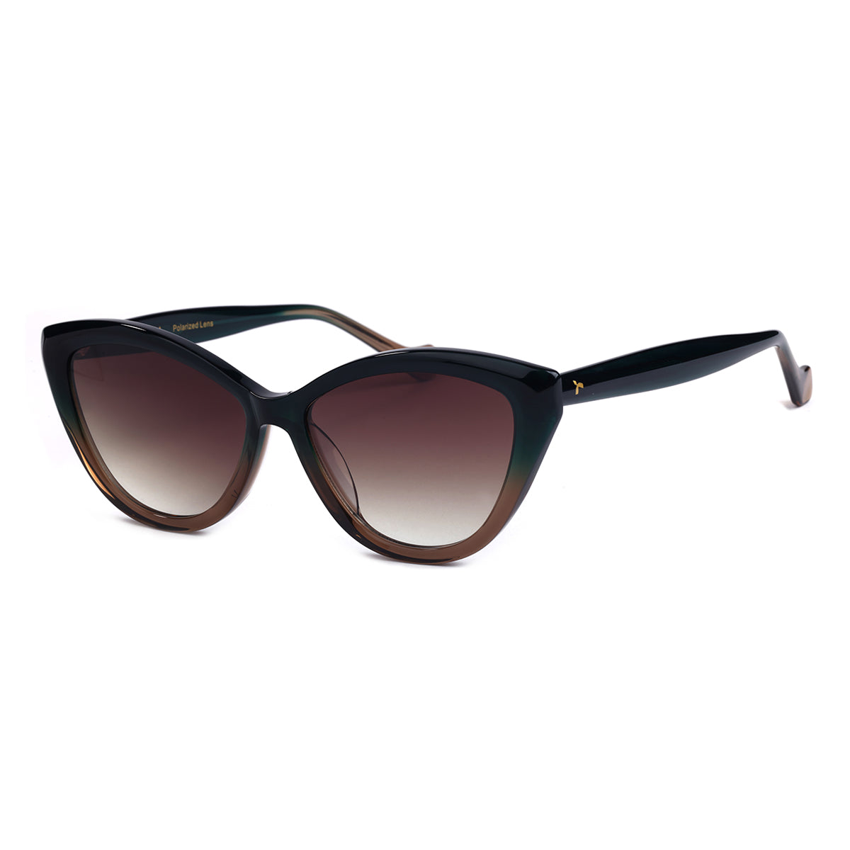 Aarka Rosea brown and black cat-eye sunglasses with dark polarized lenses, angled front view.