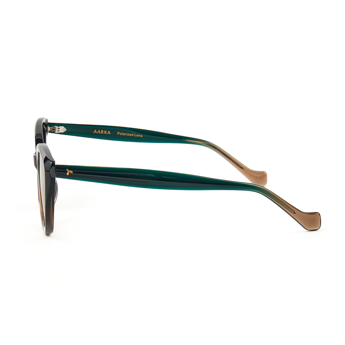 Side profile of Aarka Rosea brown and black cat-eye sunglasses showcasing slim temples and polarized lenses.