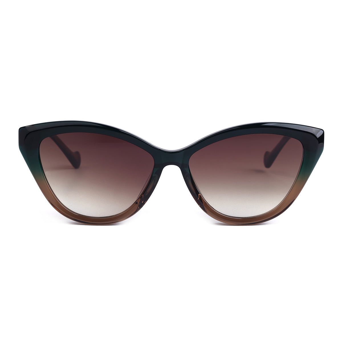 Front view of Aarka Rosea brown and black cat-eye sunglasses featuring dark polarized lenses.