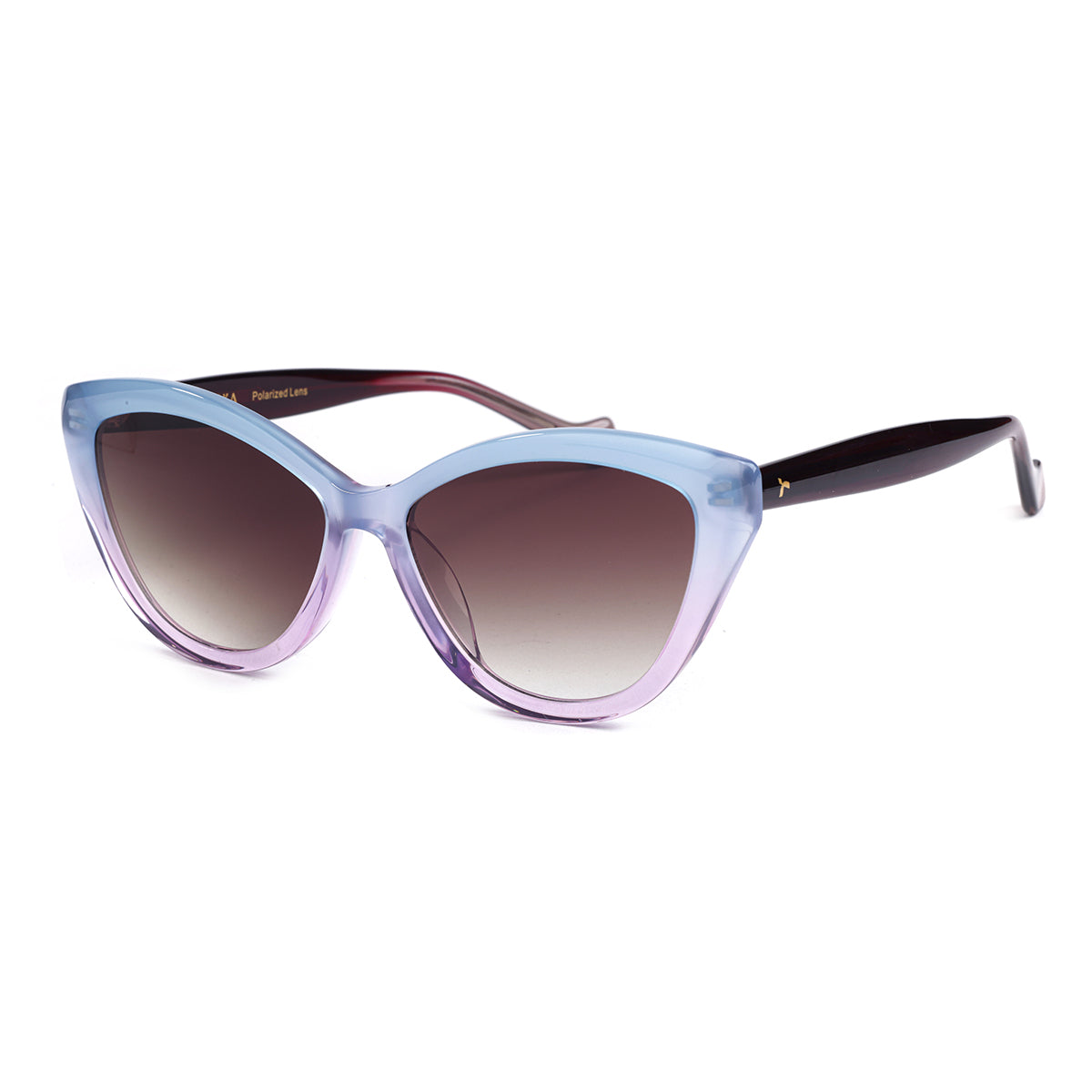 Aarka Rosea sky blue and light purple cat-eye sunglasses with polarized lenses, angled front view.