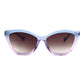 Front view of Aarka Rosea sky blue and light purple cat-eye sunglasses featuring polarized lenses.