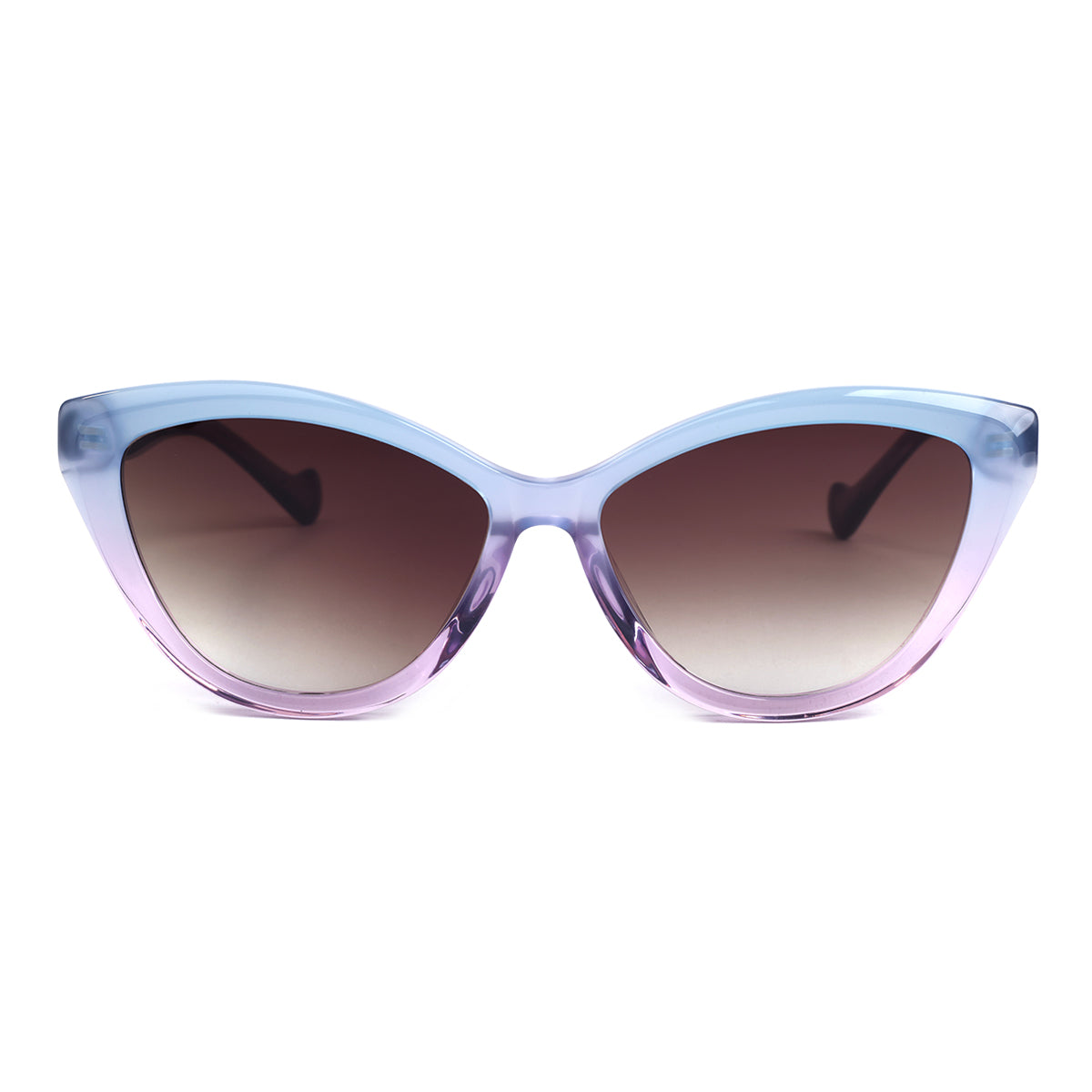 Front view of Aarka Rosea sky blue and light purple cat-eye sunglasses featuring polarized lenses.