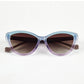 Folded view of Aarka Rosea designer cat-eye sunglasses with sky blue and light purple frame and polarized lenses.