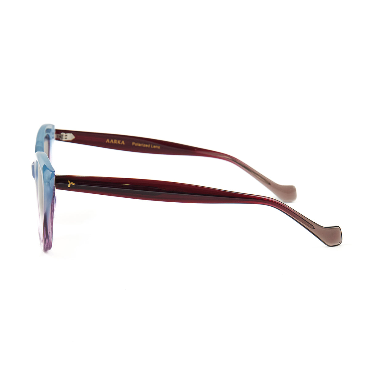 Side profile of Aarka Rosea sky blue and light purple cat-eye sunglasses showcasing slim temples and polarized lenses.