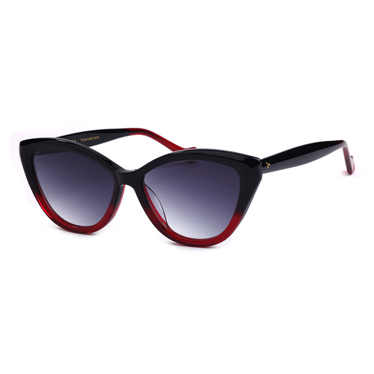 Aarka Rosea black and red cat-eye sunglasses with polarized lenses, angled front view.