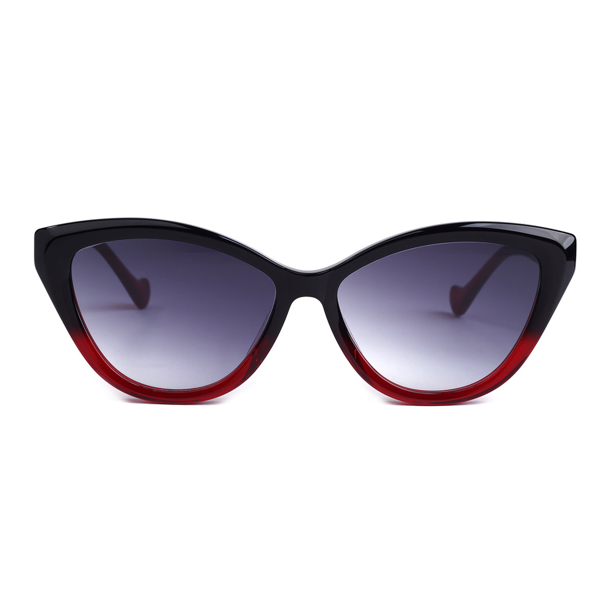 Front view of Aarka Rosea black and red cat-eye sunglasses featuring polarized lenses.