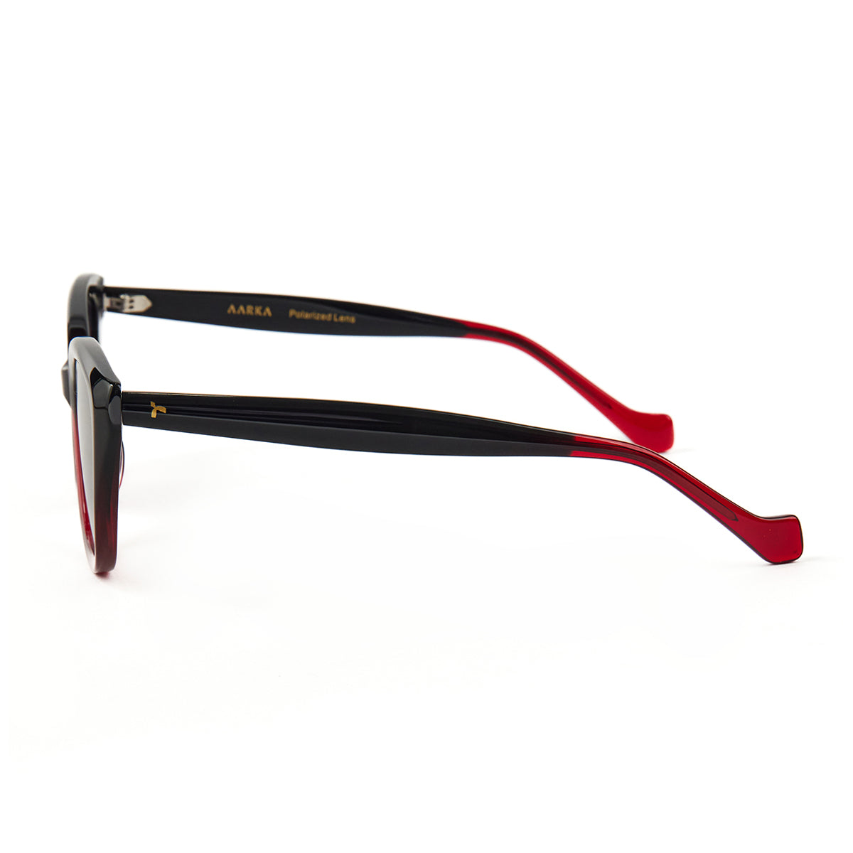 Side profile of Aarka Rosea black and red cat-eye sunglasses showcasing slim temples and polarized lenses.