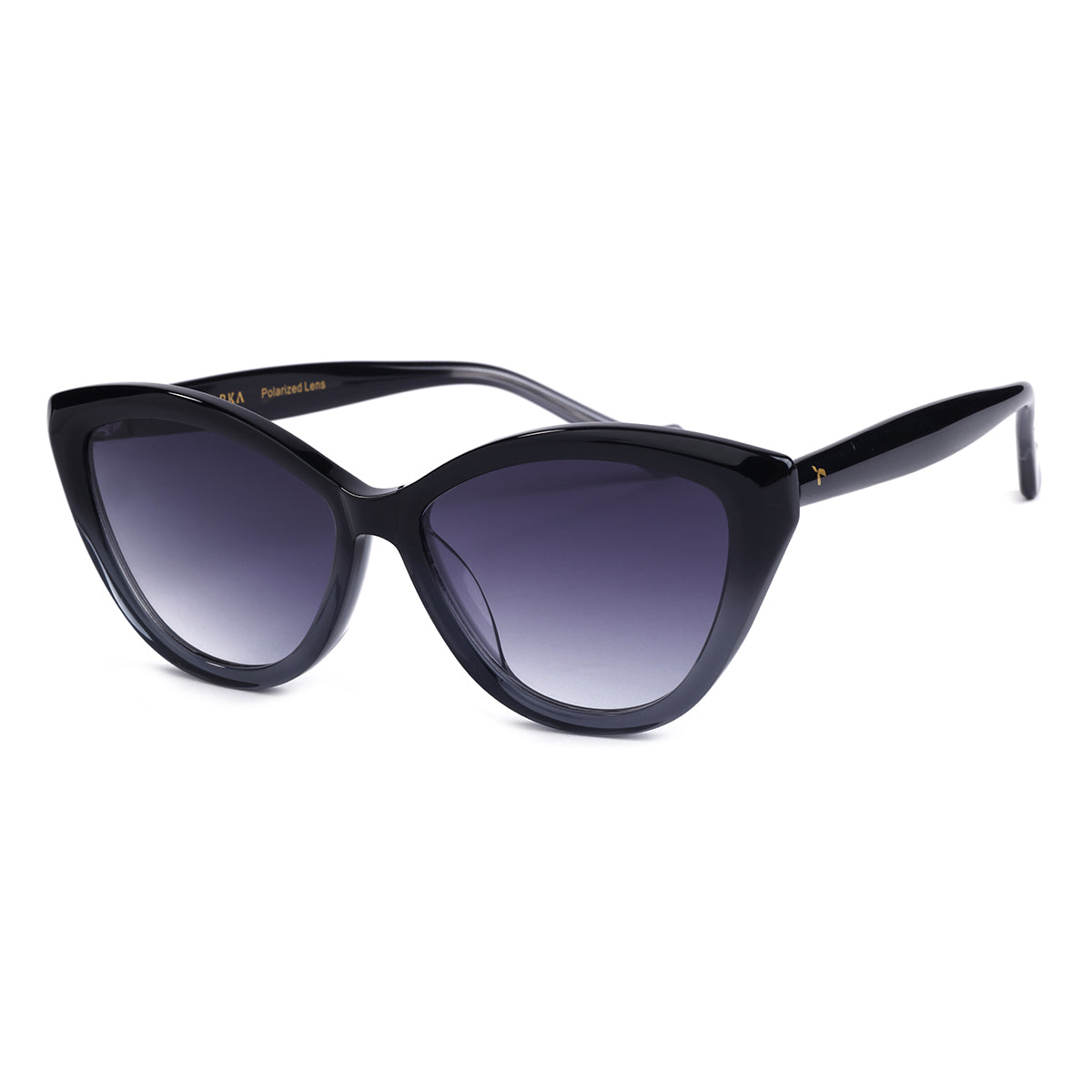 Aarka Rosea black and grey cat-eye sunglasses with polarized lenses, angled front view.
