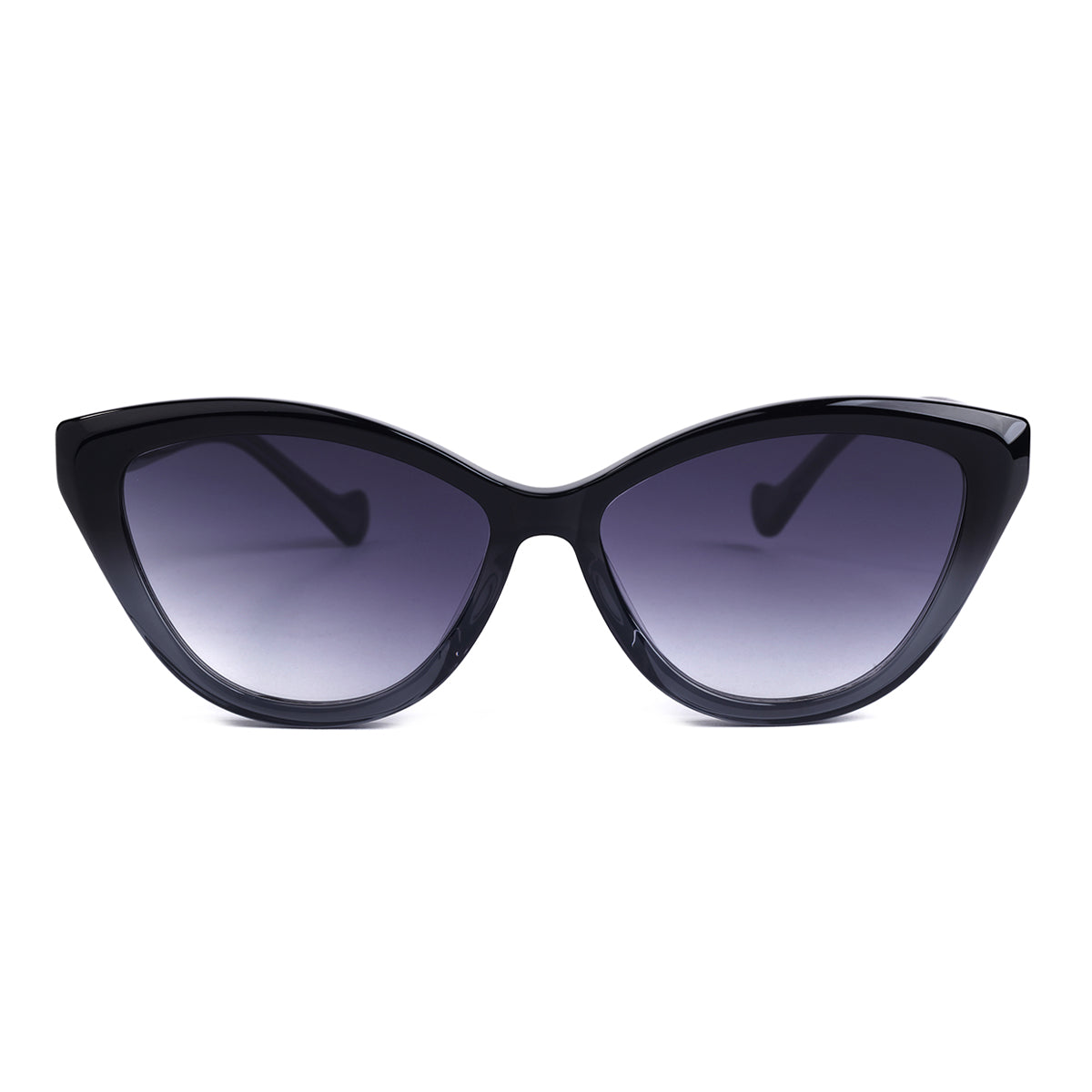 Front view of Aarka Rosea black and grey cat-eye sunglasses featuring polarized lenses.