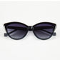 Folded view of Aarka Rosea designer cat-eye sunglasses with black and grey frame and polarized lenses.