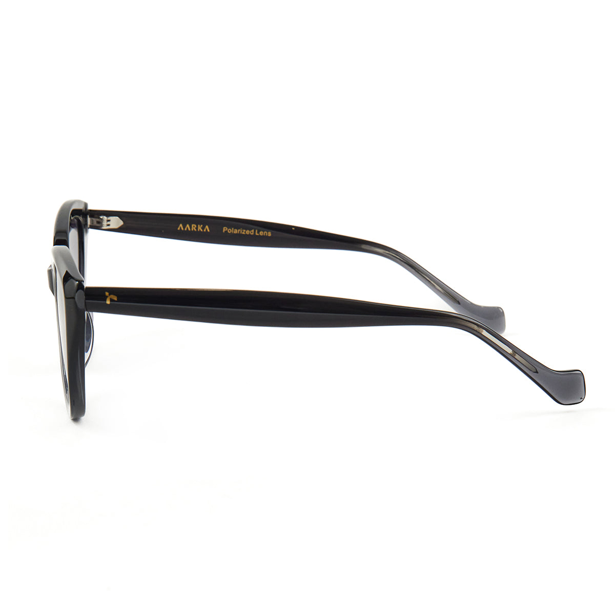 Side profile of Aarka Rosea black and grey cat-eye sunglasses showcasing slim temples and polarized lenses.