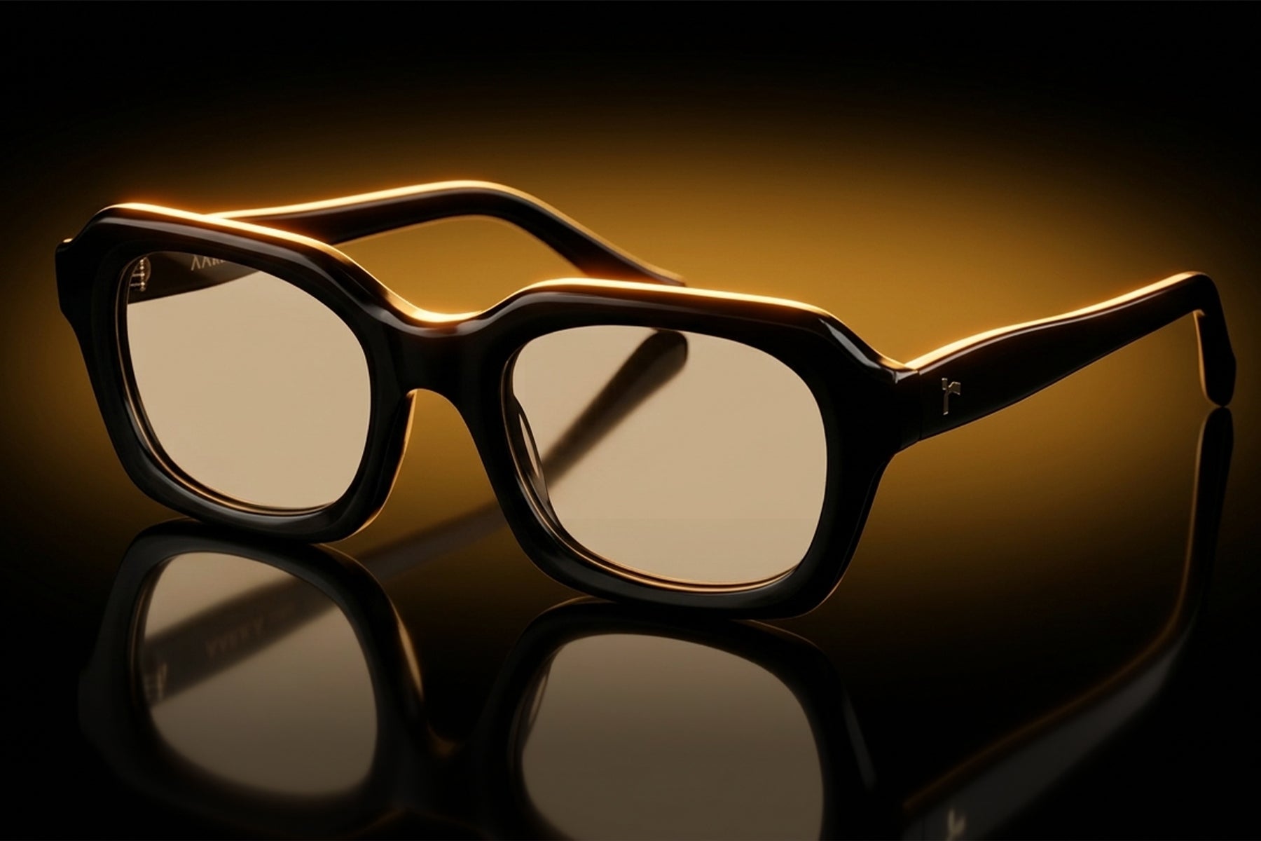 AARKA Andes C4 polarized irregular sunglasses featuring a black and orange full-rim frame with tinted lenses, displayed in a premium studio setting.
