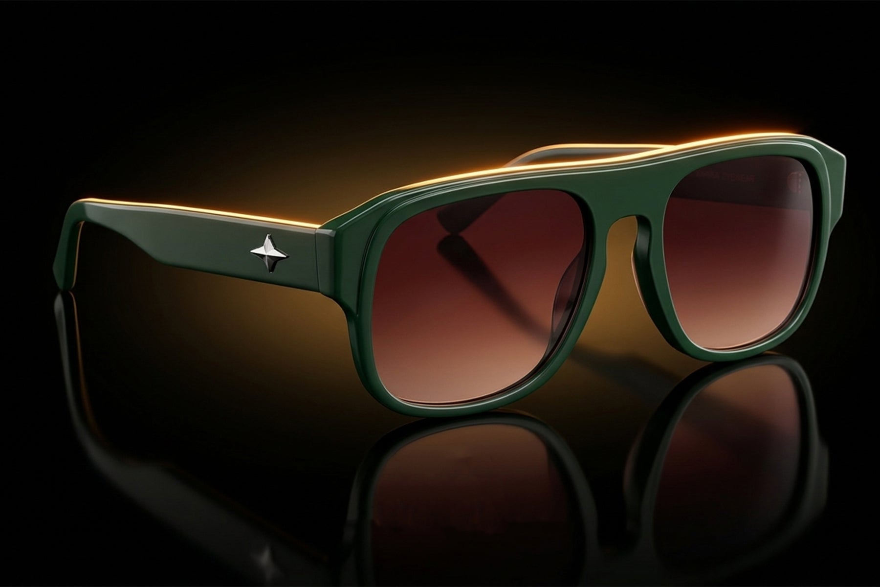 AARKA Aster C3 polarized aviator sunglasses featuring a green and brown gradient full-rim frame with tinted lenses.