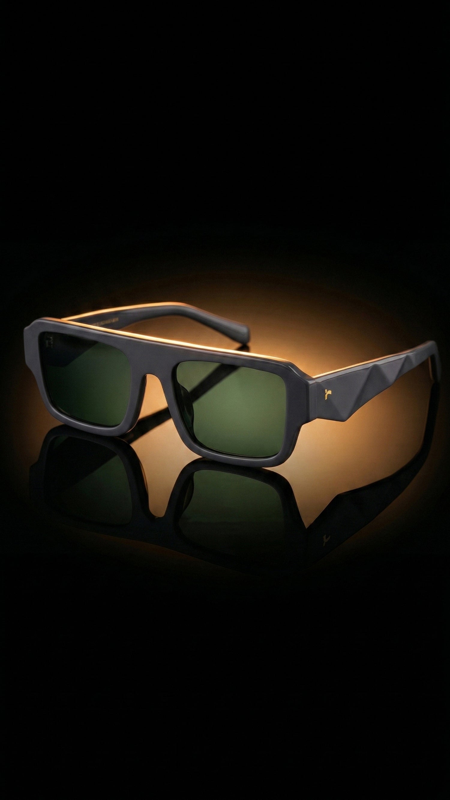 AARKA Lilac rectangle polarized sunglasses with grey and green frame, showcased in a luxury studio hero shot.