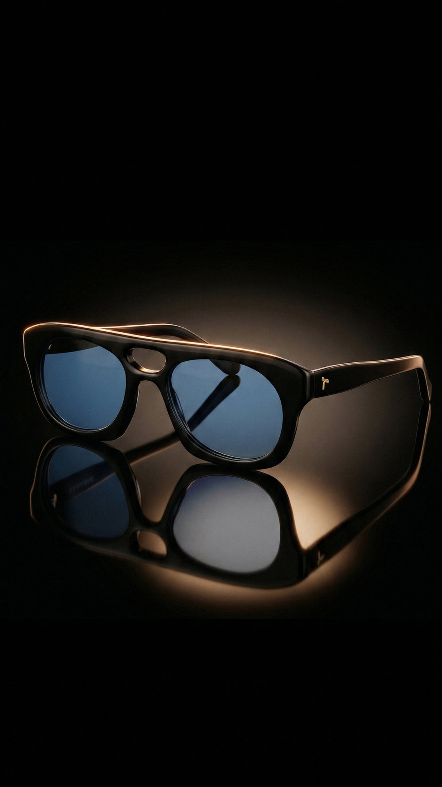 AARKA Olympus C4 polarized square sunglasses featuring a black and blue double-bar frame with tinted lenses, displayed in a premium studio setting.