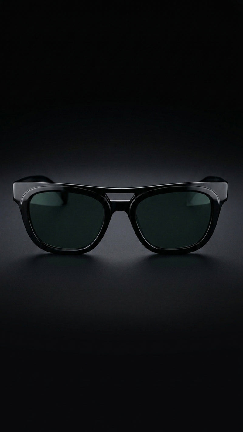 Front view of AARKA Peony C3 polarized sunglasses with black and green semi-round frame and double-bar bridge design.