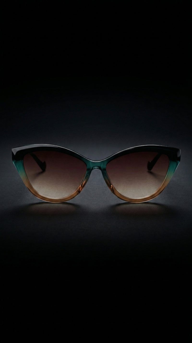 AARKA Rosea polarized cat-eye sunglasses with green and brown gradient frame and tinted lenses.