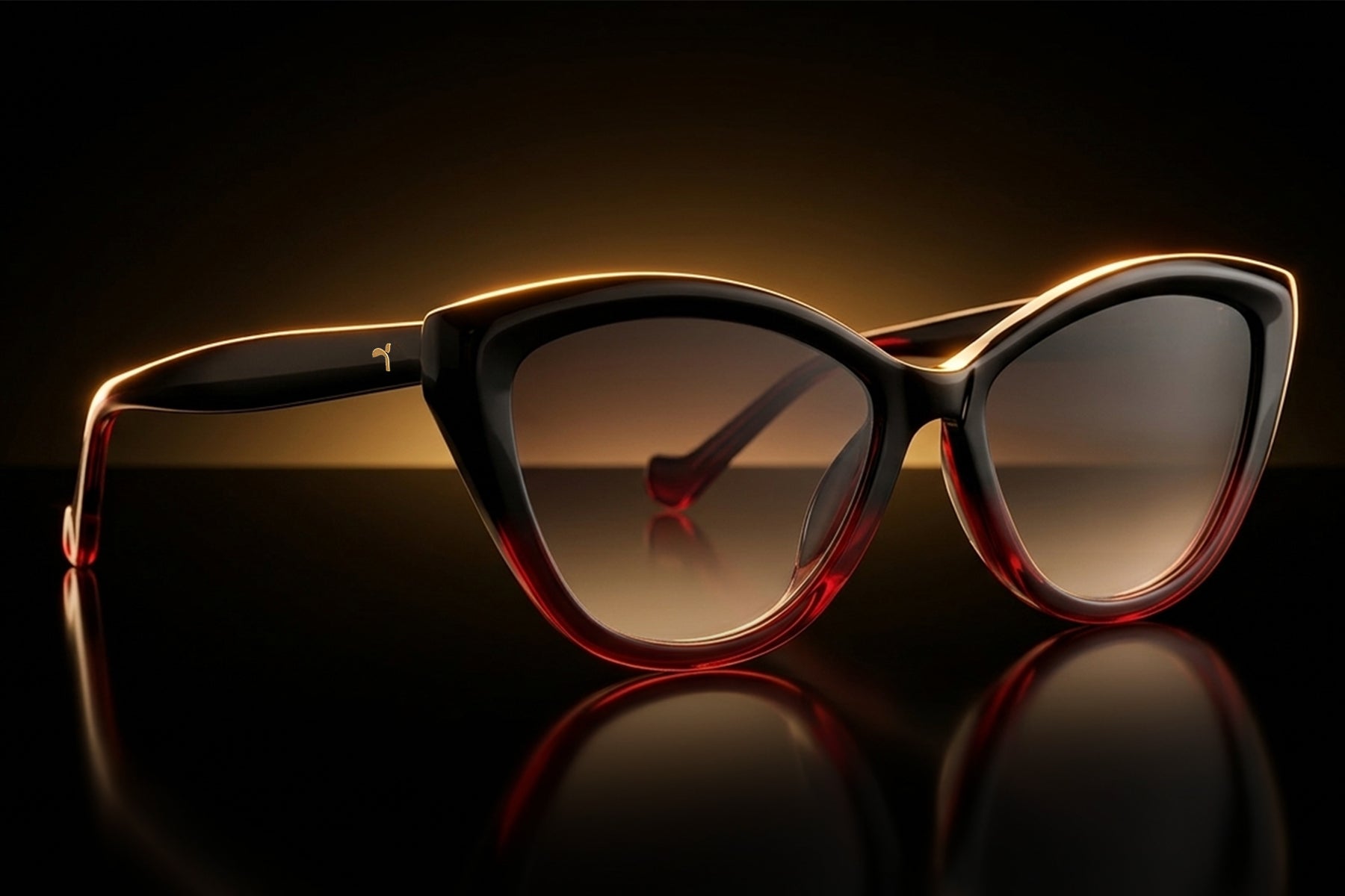 AARKA Rosea polarized cat-eye sunglasses with black and red gradient frame and smoke lenses.