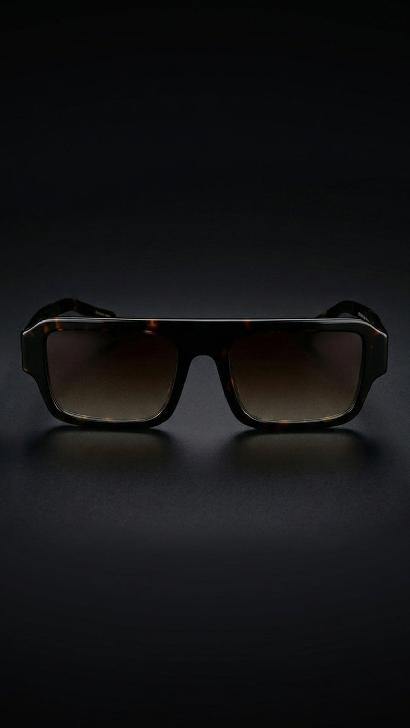 Front view of AARKA Lilac C3 polarized rectangle sunglasses with a havana brown gradient frame and tinted lenses.